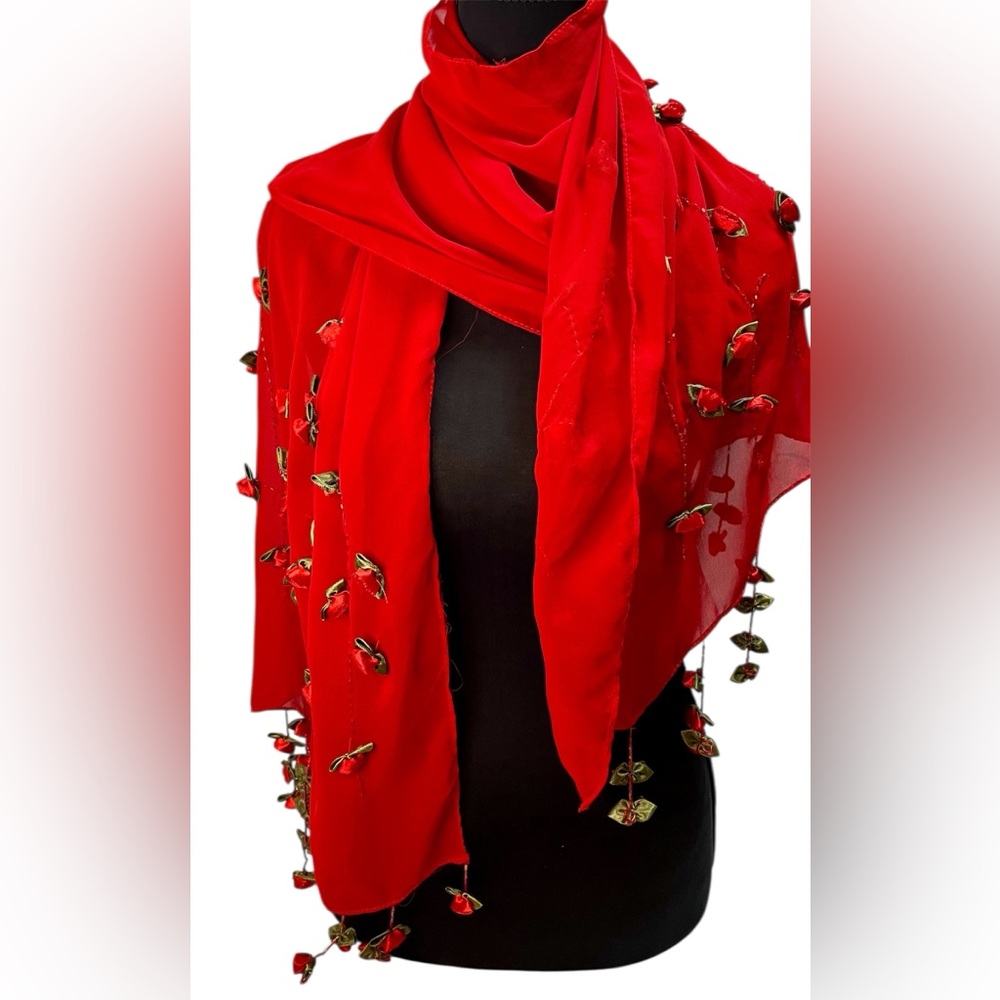 RED SILK SCARF WITH ROSES AND BEADED DETAIL